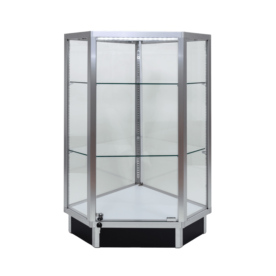 Silver Glass Corner Display Case with LED Lights
