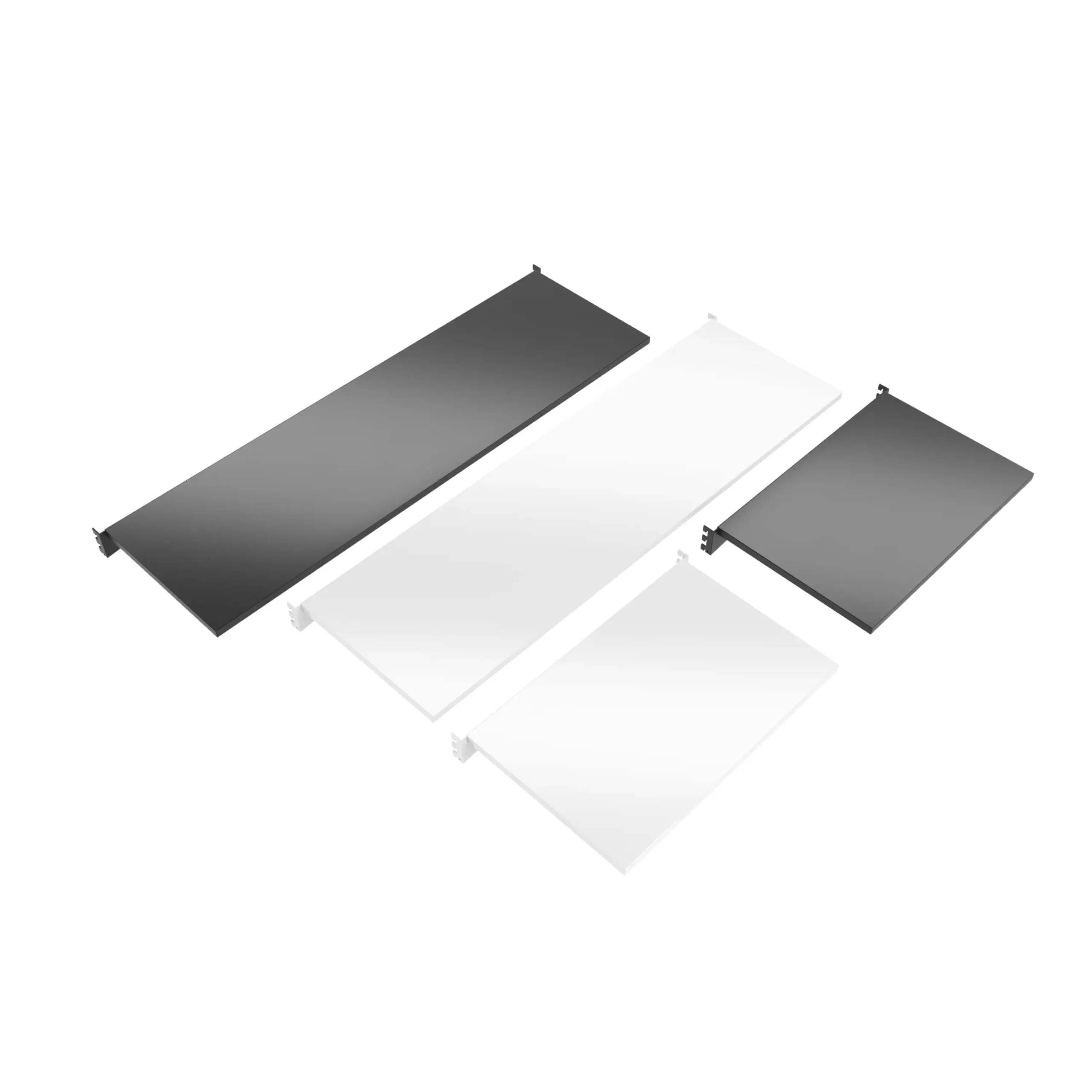 Black and white metal shelves