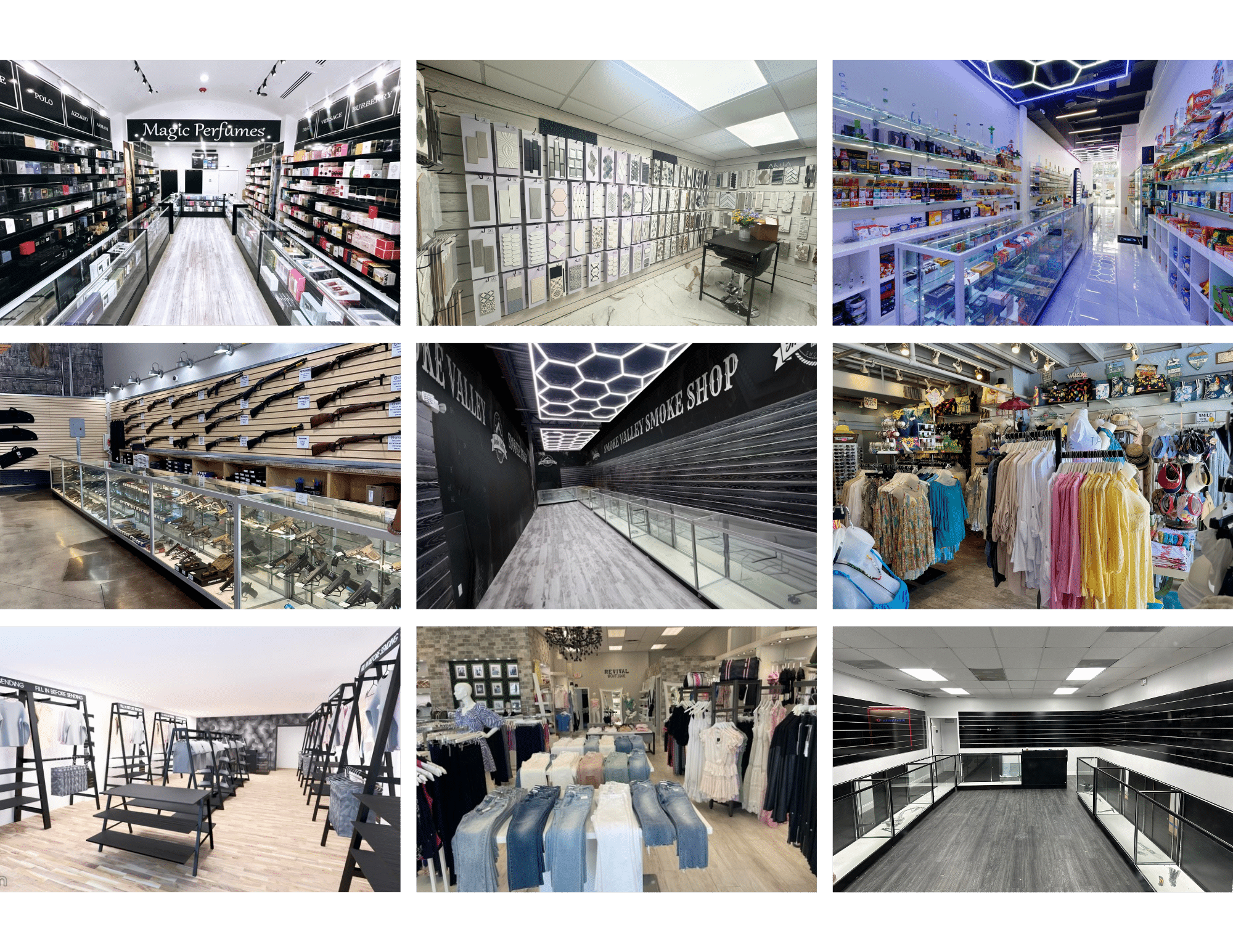 Images of retail stores in grid pattern.
