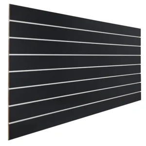 Gloss Black Slatwall Panel 6" Groove Spacing with Metal Inserts Angle