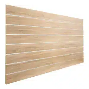 Sonoma Oak Slatwall Panel 6" Groove Spacing with Metal Inserts Angle