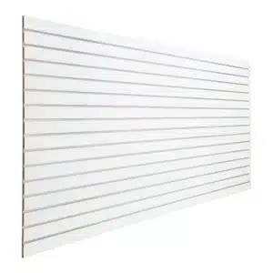 Matte White Slatwall Panel 3" Groove Spacing with Metal Inserts Angle