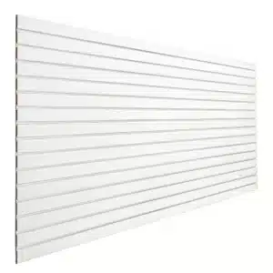 White Woodgrain Slatwall Panel 3" Groove Spacing with Metal Inserts Angle