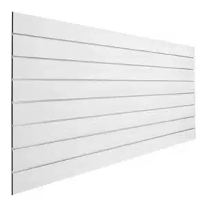 White Woodgrain Slatwall Panel 6" Groove Spacing with Metal Inserts Angle