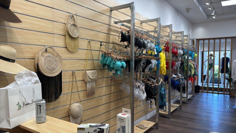 Sonoma Oak Slatwall Panels in a Retail Clothing Store
