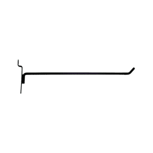Black 12-inch slatwall hook with a durable metal design for retail display organization.