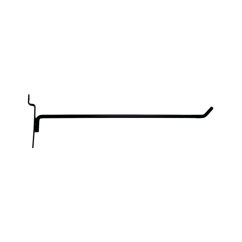 Black 12-inch slatwall hook with a durable metal design for retail display organization.