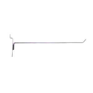 Chrome 12-inch slatwall hook with a durable metal design for retail display organization.