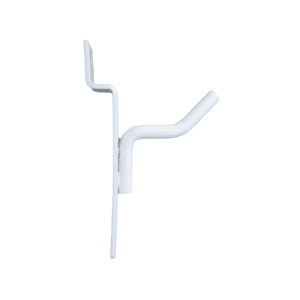White 1-inch slatwall hook with a straight, heavy-duty metal design for retail display organization.