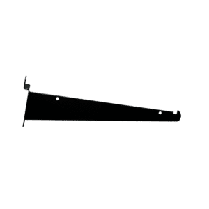 Black 10-inch slatwall shelf bracket for supporting shelves on slatwall panels in retail and storage displays.
