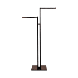 Black two-way clothing rack with adjustable arms for retail garment display.