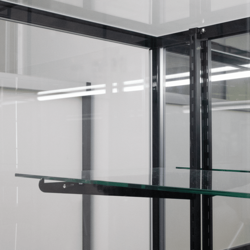 Retail Display Case 48” Black with Mirrored Back featuring tempered glass shelves, plunger lock, and a sleek design.