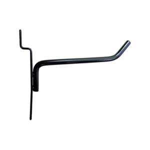 Black 4-inch slatwall hook with a sturdy metal design for retail displays.