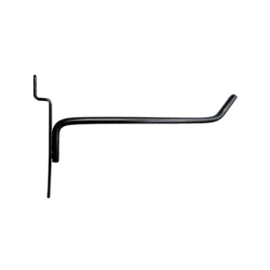 Black 6-inch slatwall hook with a durable metal design for retail display organization.