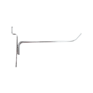 Chrome 6-inch slatwall hook with a durable metal design for retail display organization.
