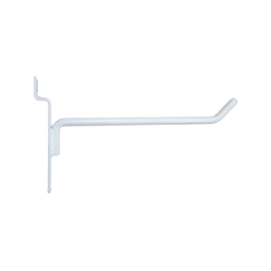White 6-inch slatwall hook with a durable metal design for retail display organization.