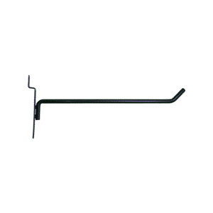 Black 8-inch slatwall hook with a durable metal design for retail display organization.