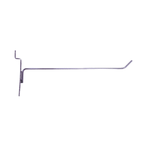 Chrome 8-inch slatwall hook with a durable metal design for retail display organization.