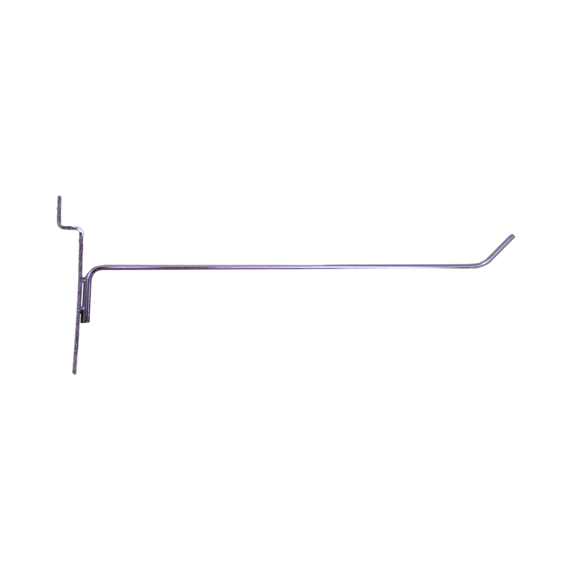 Chrome 8-inch slatwall hook with a durable metal design for retail display organization.