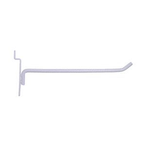 White 8-inch slatwall hook with a durable metal design for retail display organization.