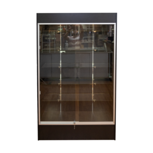 Black 78-inch wall case display with glass sliding doors, push lock, five adjustable 12-inch shelves, LED down-lights, and a matching back panel.