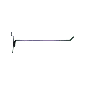Black 10-inch slatwall hook with a durable metal design for retail display organization.