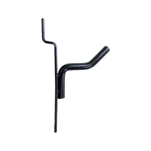 Black 1-inch slatwall hook with a sturdy metal design for retail displays.
