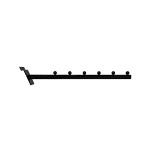 Black slatwall square tube waterfall faceout with 6 ball stops for displaying garments on hangers.