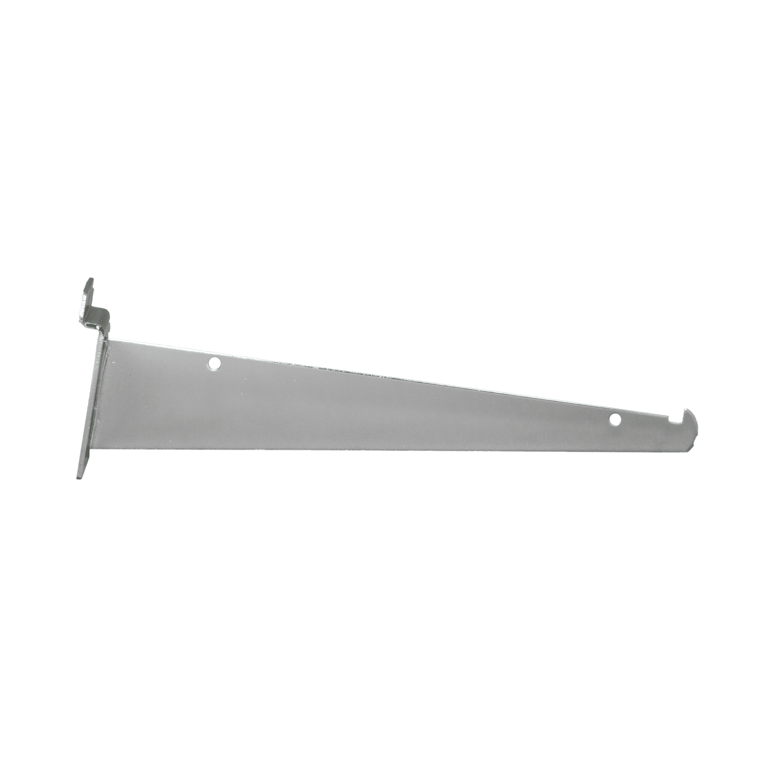 Chrome 10-inch slatwall shelf bracket for stylish and secure shelf support on slatwall panels.