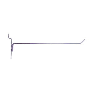Chrome 10-inch slatwall hook with a durable metal design for retail display organization.