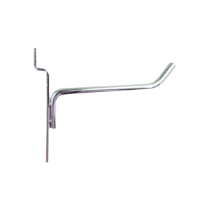Chrome 4-inch slatwall hook with a durable metal design for retail display organization.