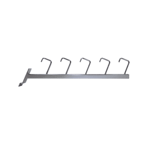 Chrome slatwall square tube with 5 J-hooks for displaying handbags, accessories, and merchandise with straps.