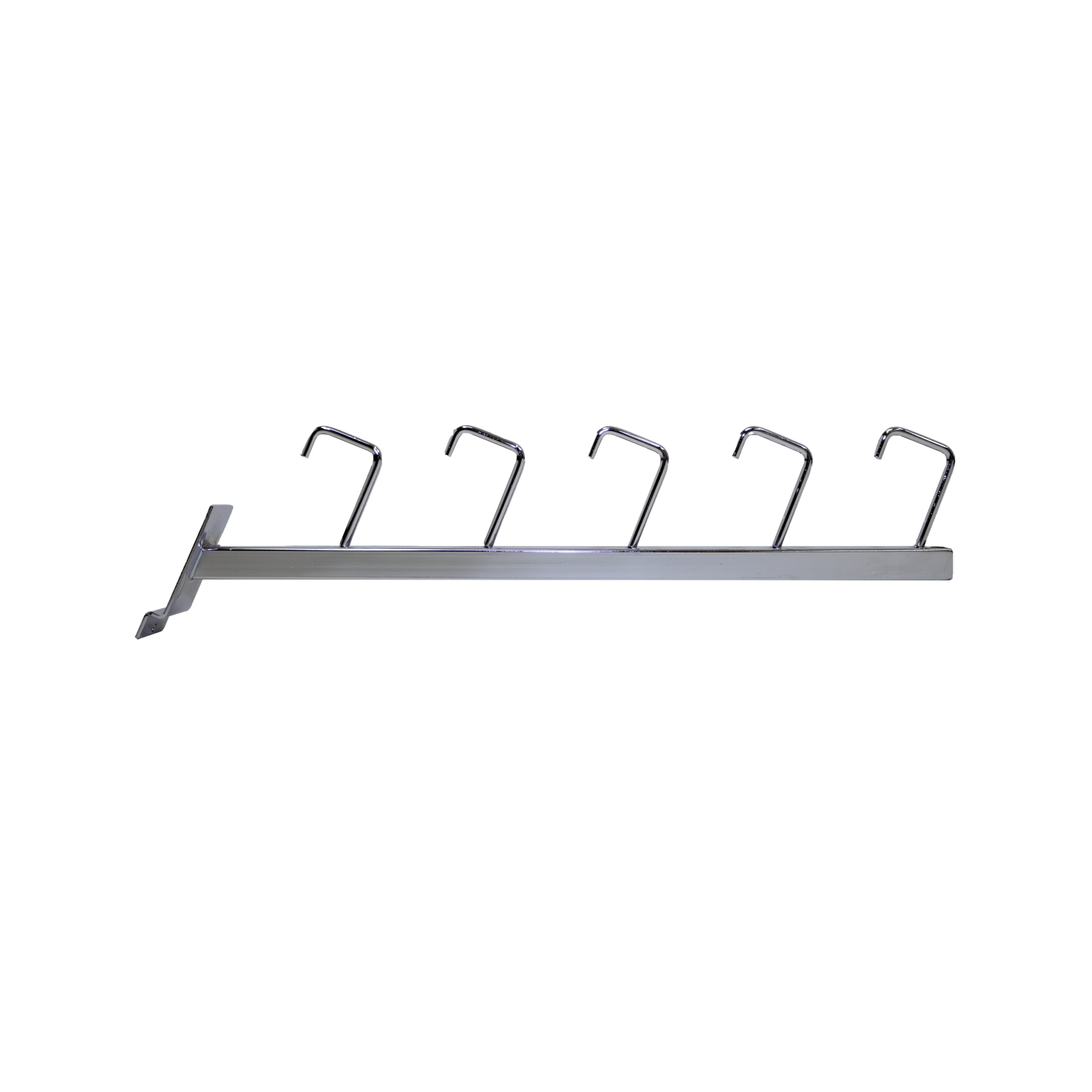 Chrome slatwall square tube with 5 J-hooks for displaying handbags, accessories, and merchandise with straps.