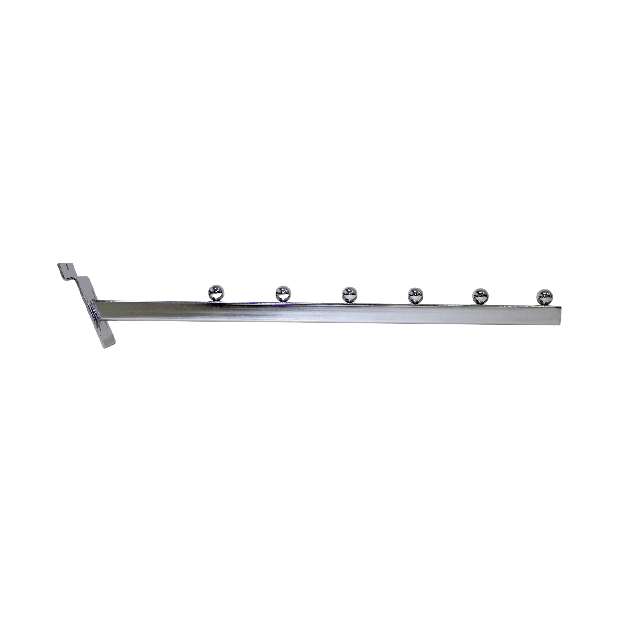Chrome slatwall square tube waterfall faceout with 6 ball stops for displaying garments neatly.