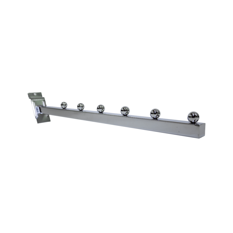 Chrome slatwall square tube waterfall faceout with 6 ball stops for displaying garments neatly.