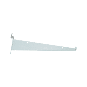 White 10-inch slatwall shelf bracket for stable shelf support on slatwall panels in retail and storage setups.