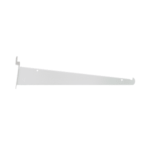 White 12-inch slatwall shelf bracket for strong and stable shelf support on slatwall panels.