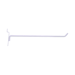 White 12-inch slatwall hook with a durable metal design for retail display organization.