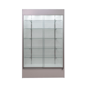 White 78-inch wall case display with glass sliding doors, push lock, five adjustable 12-inch shelves, LED down-lights, and a matching back panel.