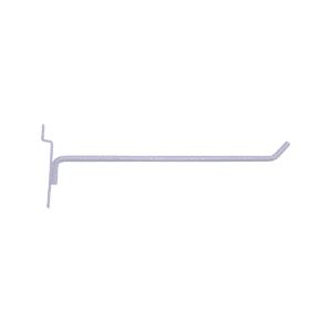 White 10-inch slatwall hook with a durable metal design for retail display organization.
