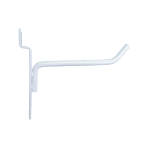 White 4-inch slatwall hook with a durable metal design for retail display organization.