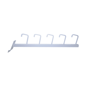 White slatwall square tube with 5 J-hooks for displaying handbags, accessories, and merchandise with straps.