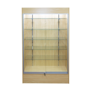 Maple 78-inch wall case display with glass sliding doors, push lock, five adjustable 12-inch shelves, LED down-lights, and a matching back panel.