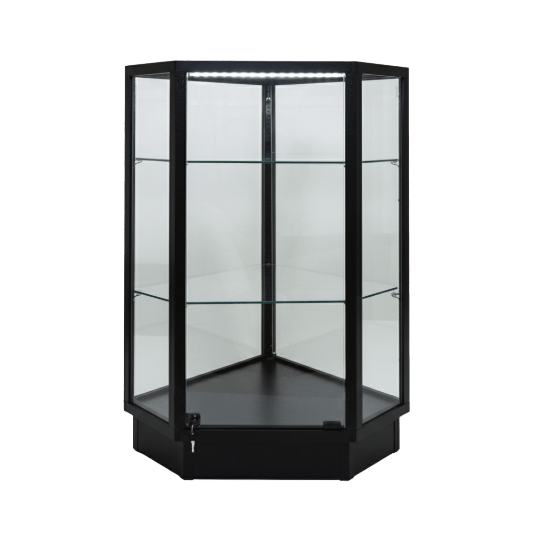 Black Glass Corner Display Case with LED Lights