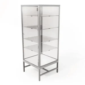Satin Chrome Glass Showcase Tower with 4 Glass Shelves