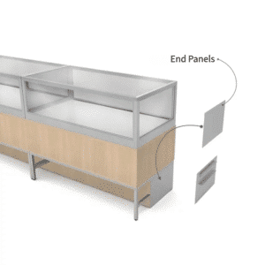Satin Chrome Privacy End Panels for Glass Display Cabinets with Storage