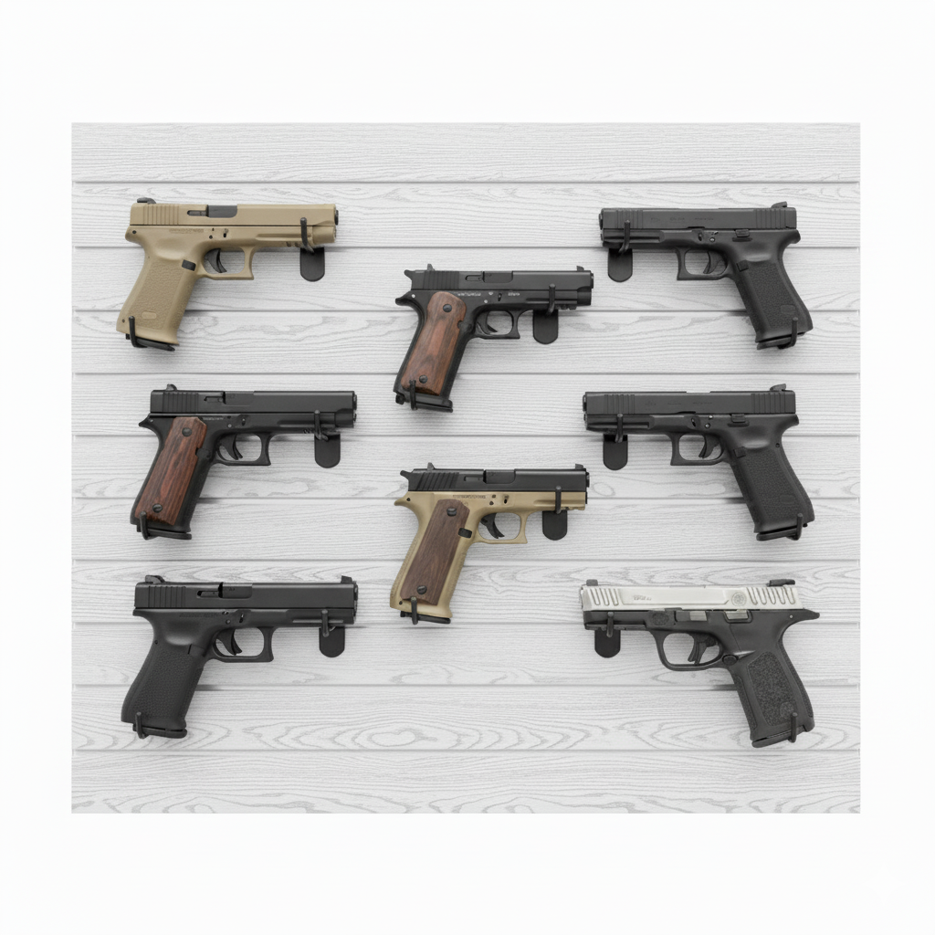 white woodgrain gun wall panel holding 8 pistols