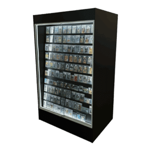 black sports card display case with LEDs and black inserts