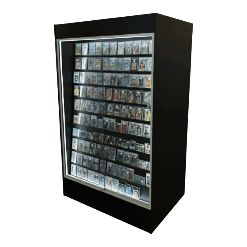 black sports card display case with LEDs and black inserts