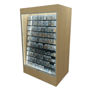 Maple sports card display case with LEDs and black insert